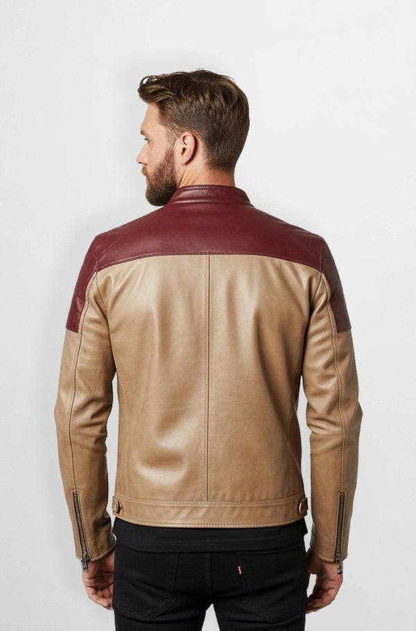 Tan Maroon Leather Biker Jacket Back view