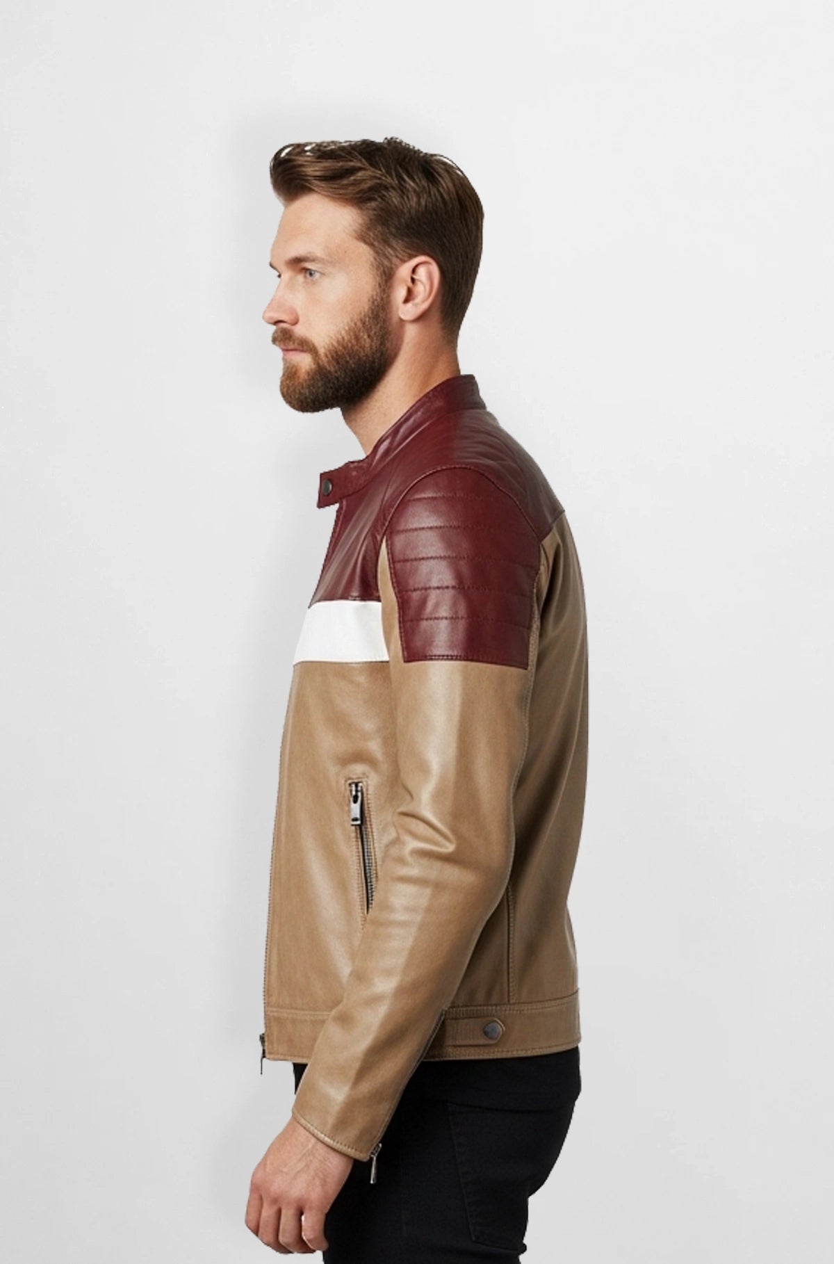 Tan Maroon Leather Biker Jacket Side view