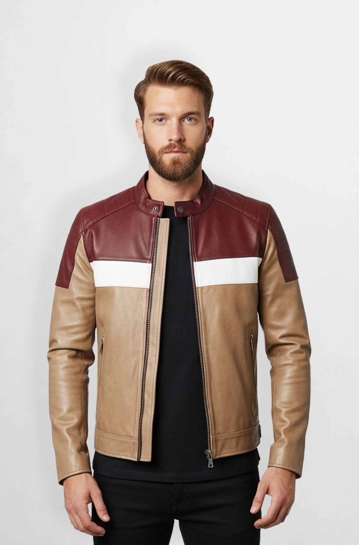 Tan Maroon Leather Biker Jacket Front view