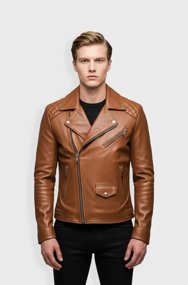 Tan Maverick Quilted Biker Jacket Front Usa