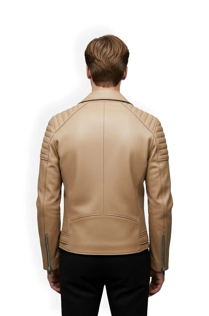 Tan Quilted Biker Leather Jacket Back Usa