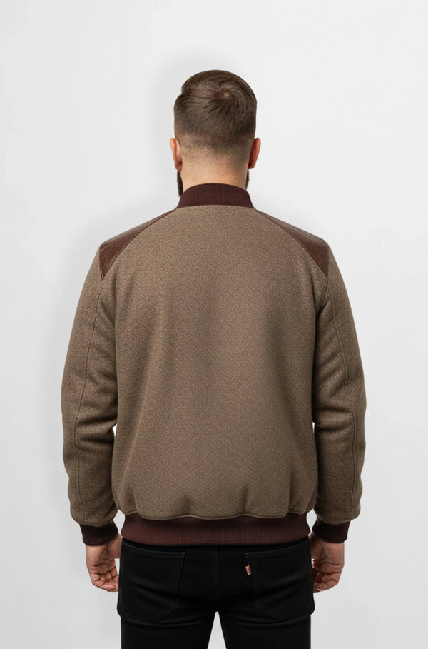 Taupe Brown Crocodile Wool Leather Bomber Jacket Back view