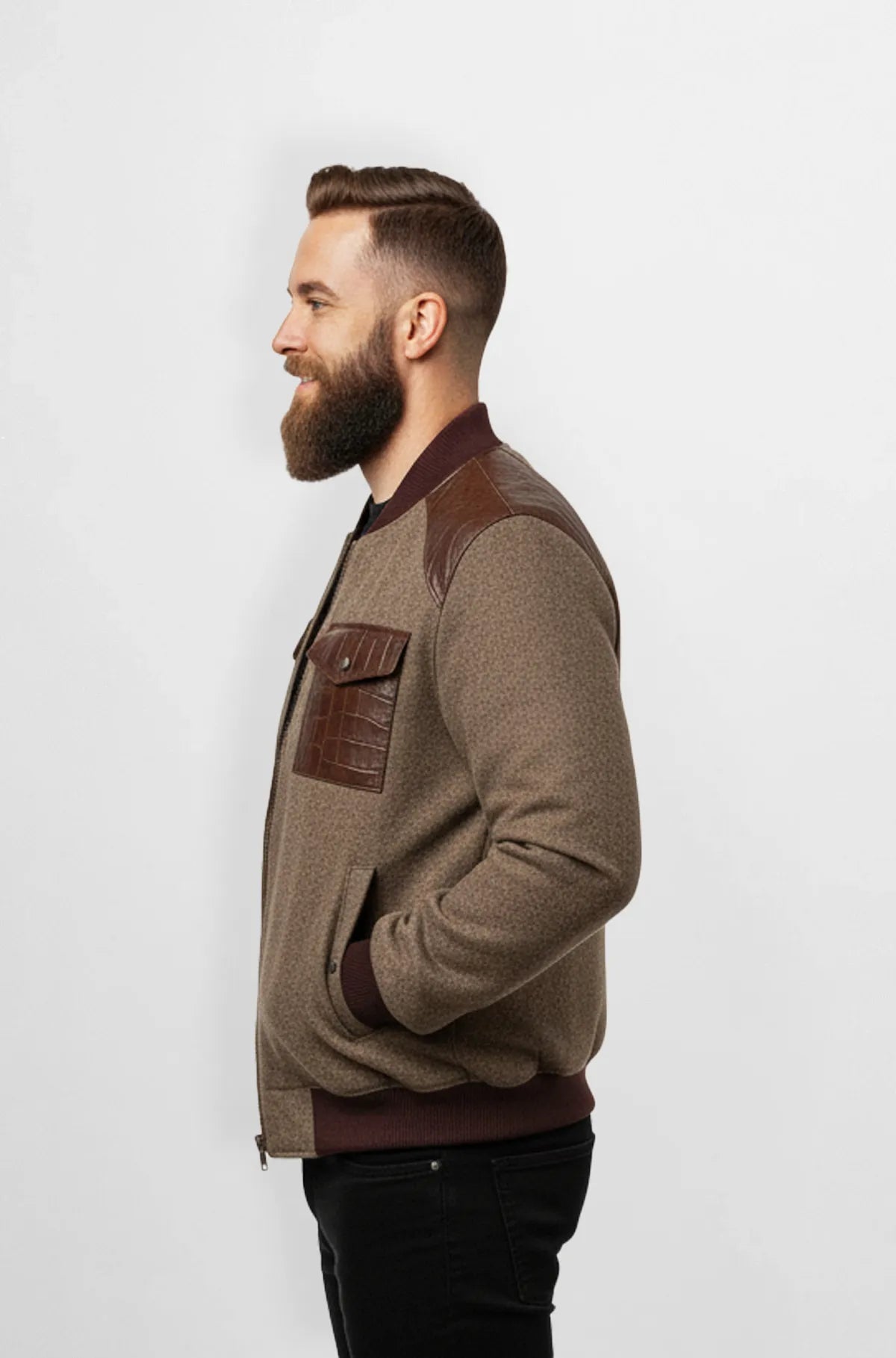 Taupe Brown Crocodile Wool Leather Bomber Jacket Side view