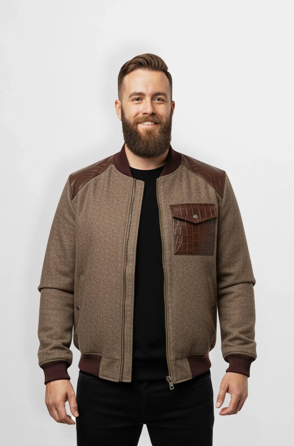 Taupe Brown Crocodile Wool Leather Bomber Jacket Front view