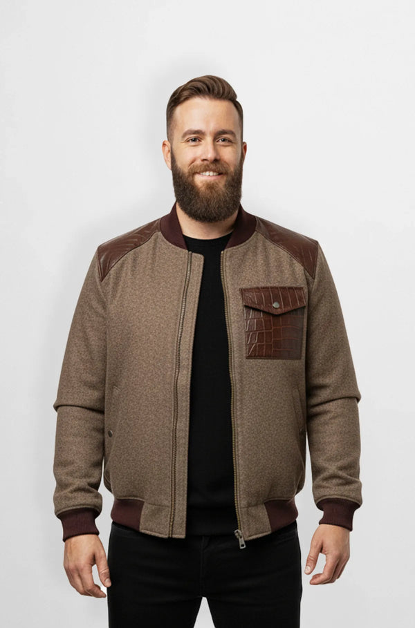 Taupe Brown Crocodile Wool Leather Bomber Jacket Front view