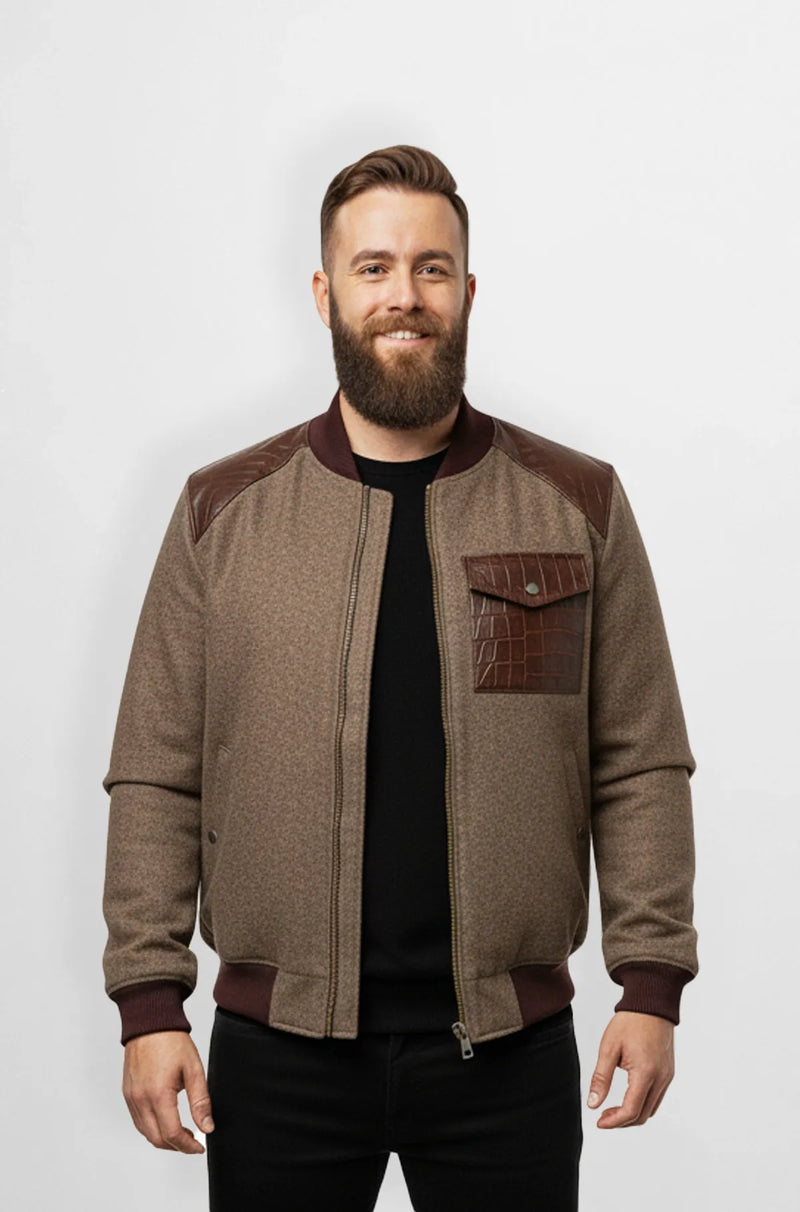 Taupe Brown Crocodile Wool Leather Bomber Jacket Front view