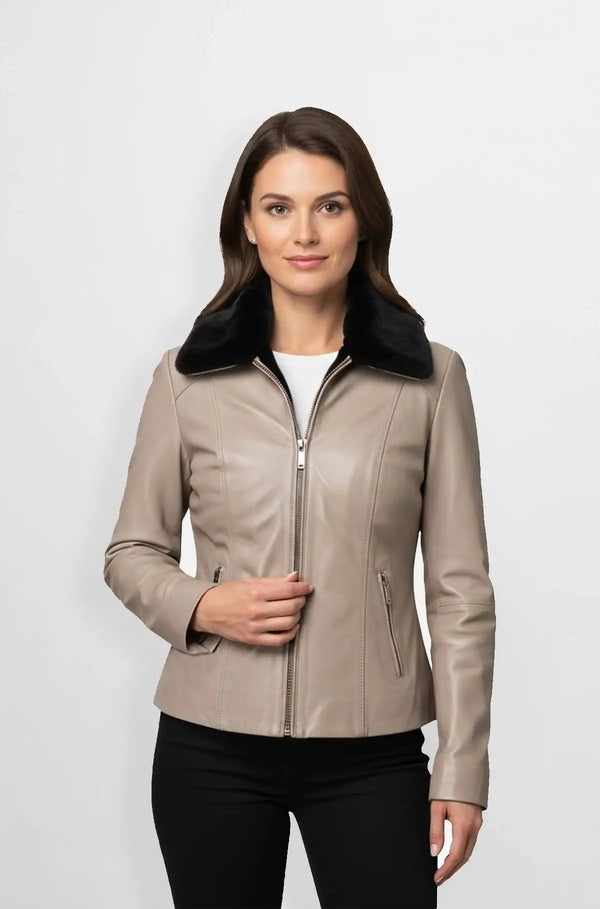 Taupe Leather Aviator Jacket with Black shearling Collar front view
