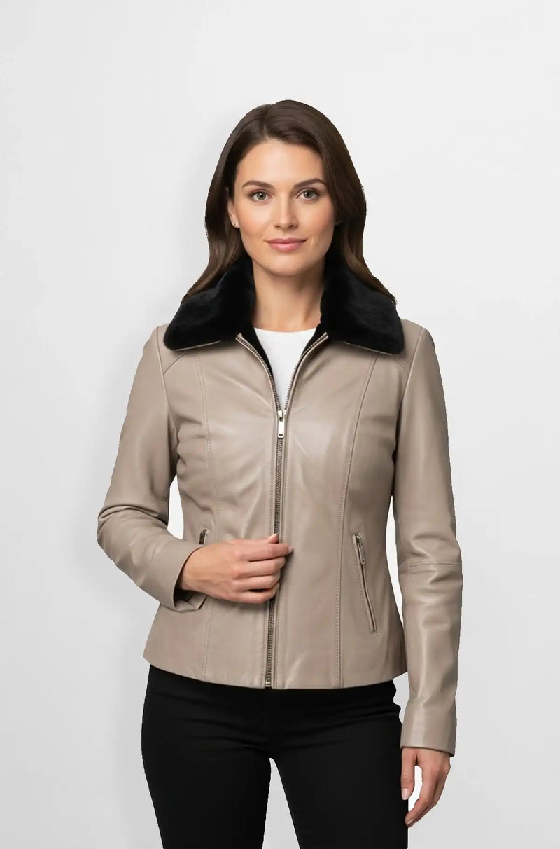 Taupe Leather Aviator Jacket with Black shearling Collar front view
