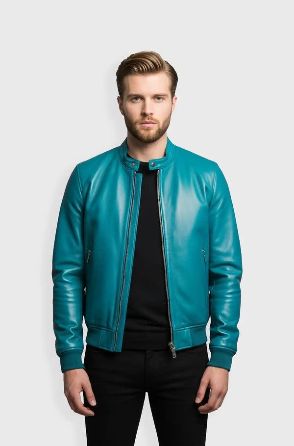 Teal Blue Leather Bomber Jacket