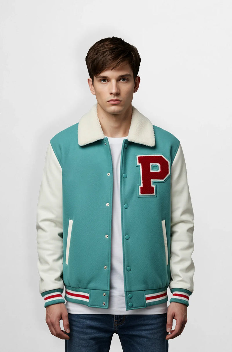 Teal Green Letterman Wool Jacket Front view