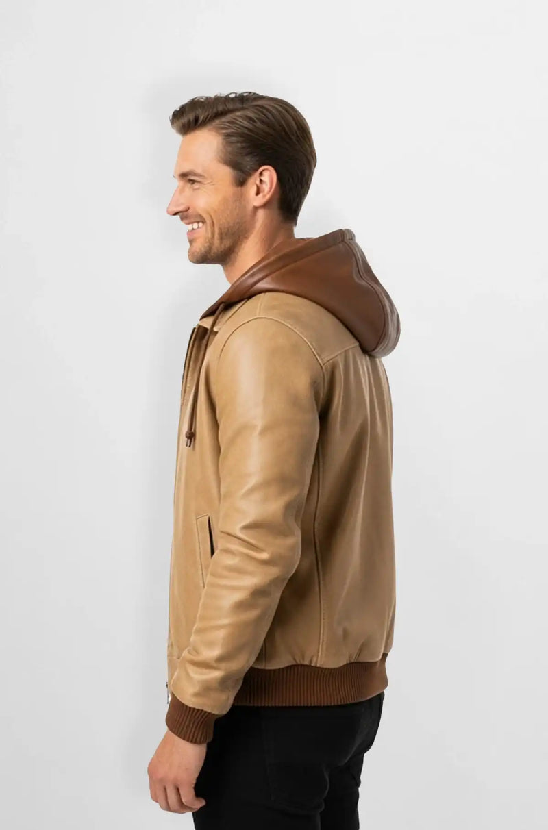 The Nomad Hooded Tan  Bomber Leather Jacket