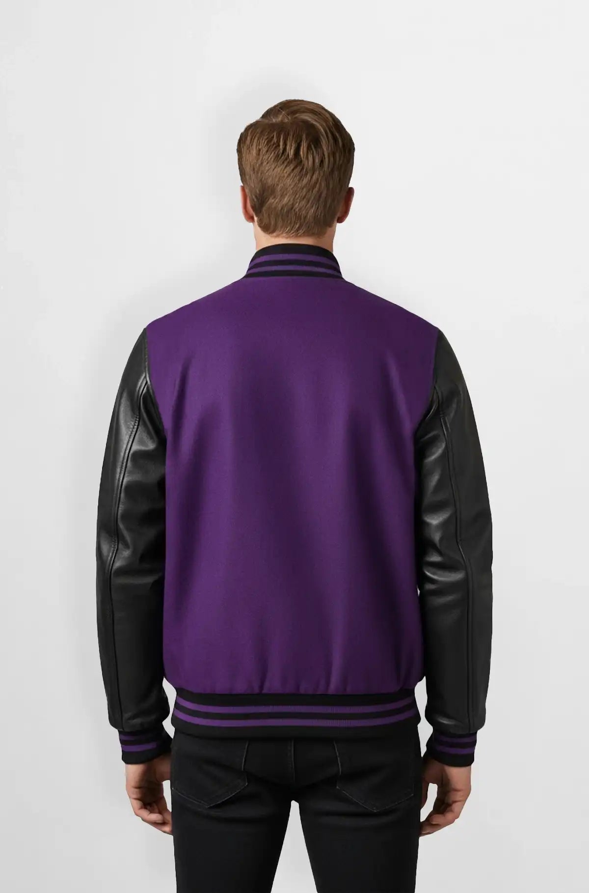 The Prestige Purple Black Varsity Leather Jacket back view