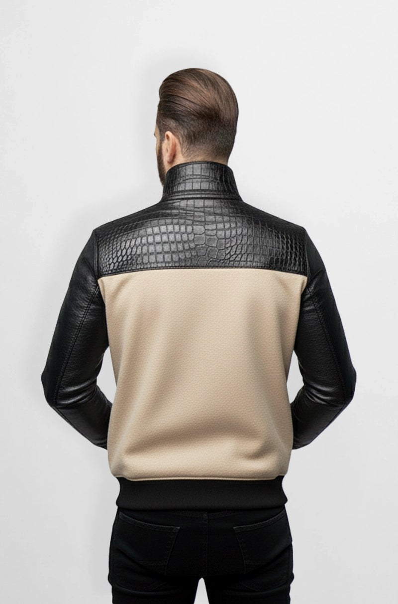 Trim Beige Crocodile Wool Leather Bomber Jacket Back view