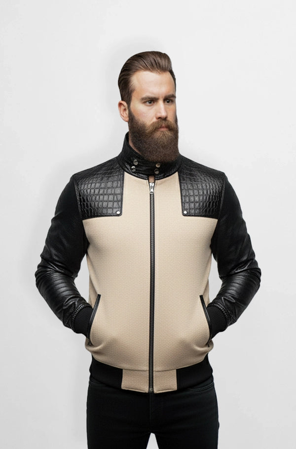 Trim Beige Crocodile Wool Leather Bomber Jacket Front view