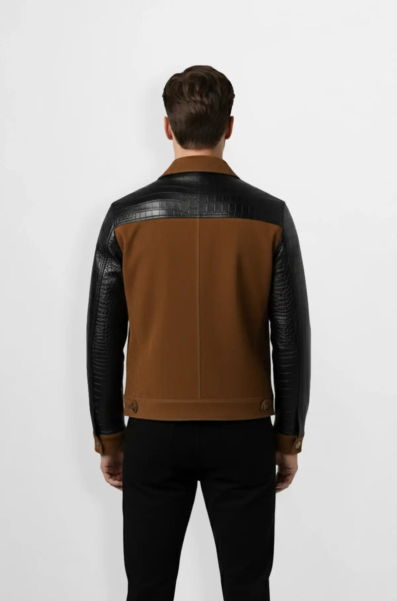 Trim Brown Crocodile Suede Leather Biker Jacket Back view