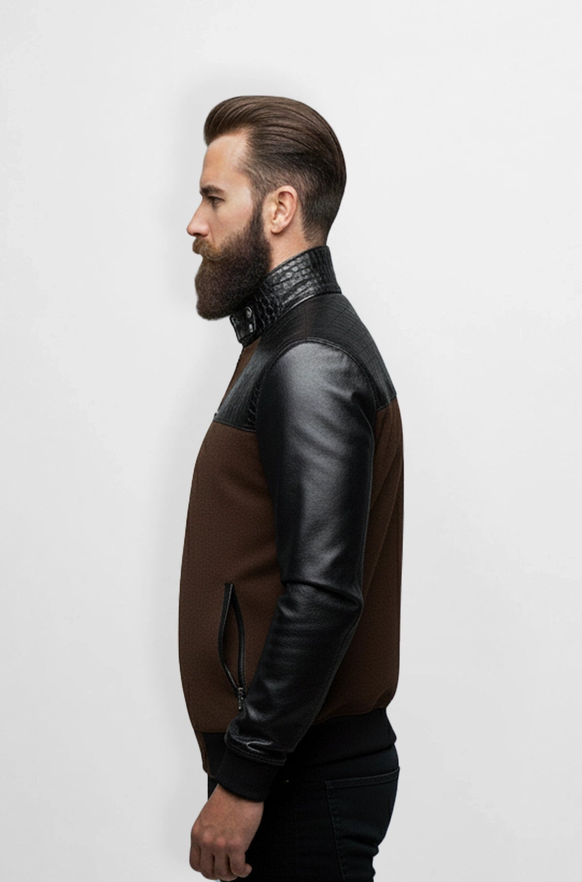 Trim Dark Brown Crocodile Wool Leather Bomber Jacket Side view