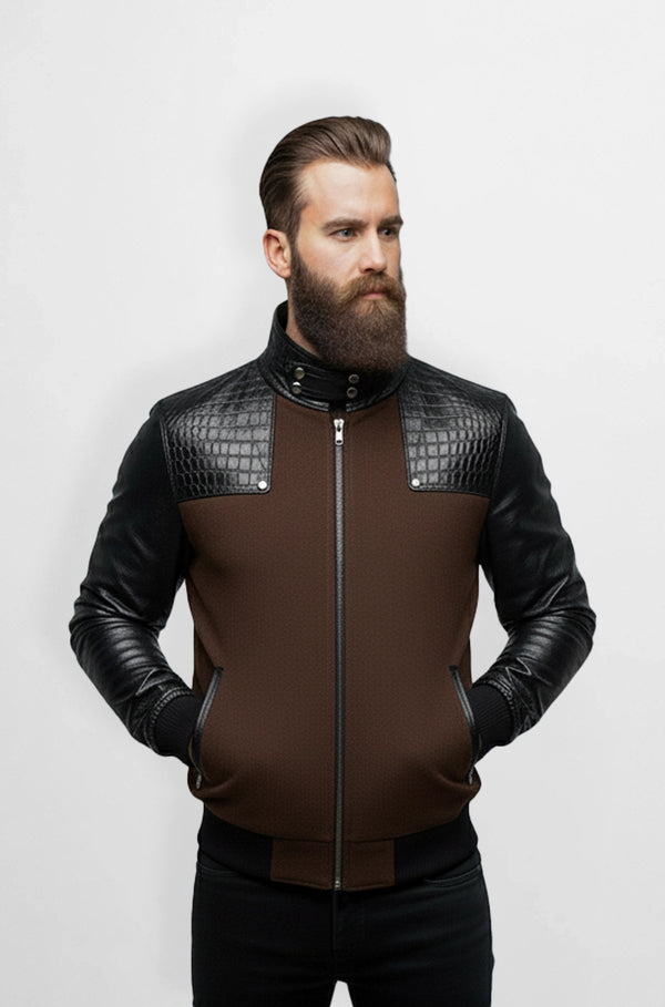 Trim Dark Brown Crocodile Wool Leather Bomber Jacket Front view