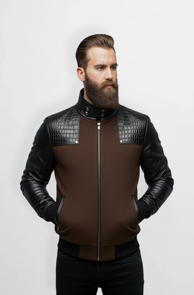 Trim Dark Brown Crocodile Wool Leather Bomber Jacket Front view