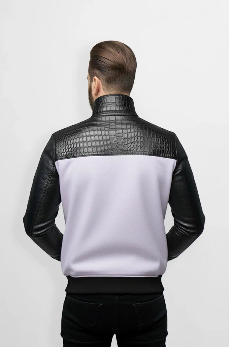 Trim Lavender Crocodile Wool Leather Bomber Jacket Back view