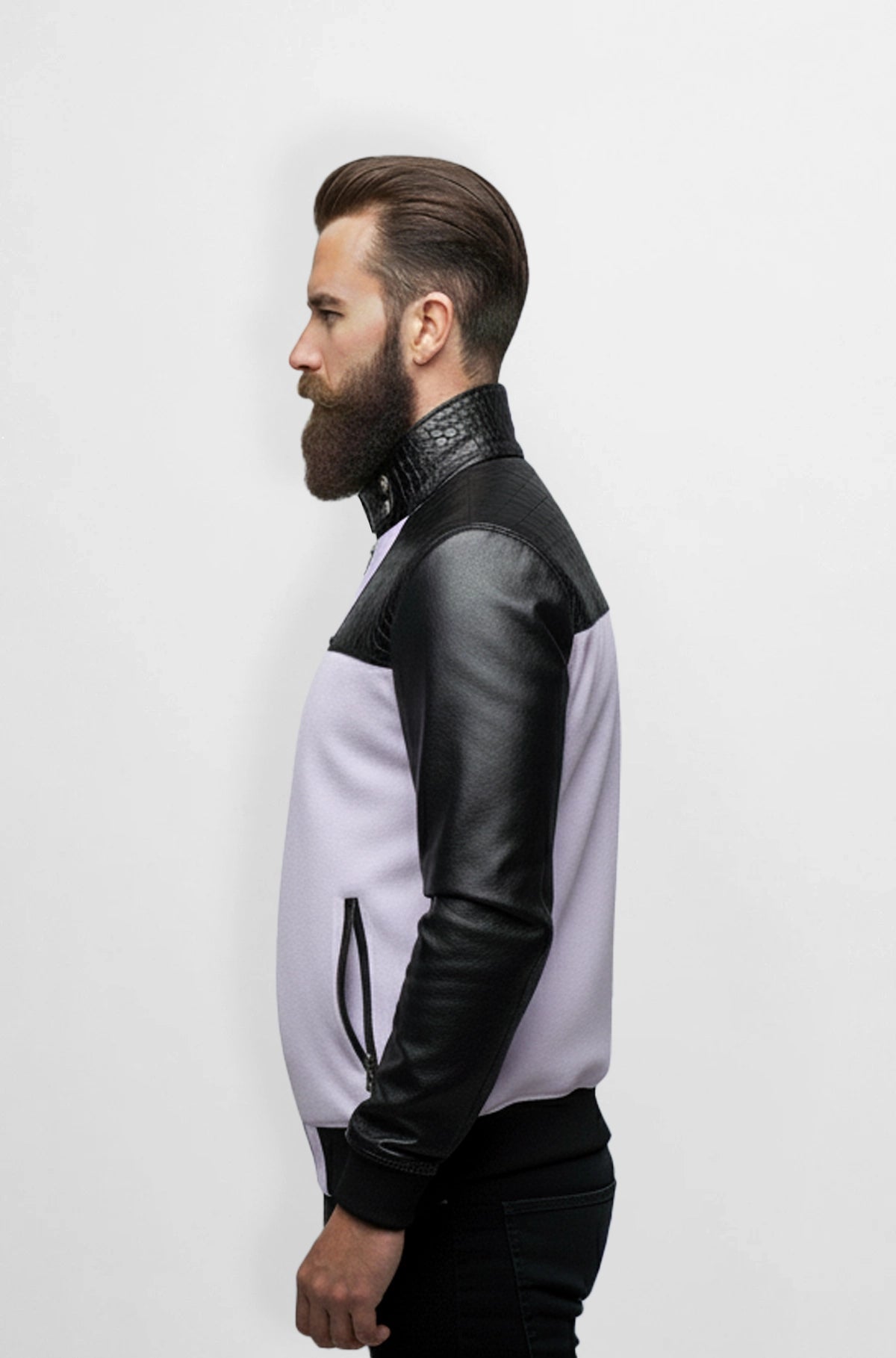 Trim Lavender Crocodile Wool Leather Bomber Jacket Side view