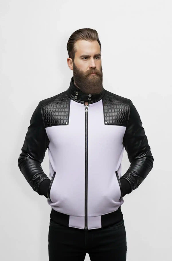 Trim Lavender Crocodile Wool Leather Bomber Jacket Front view