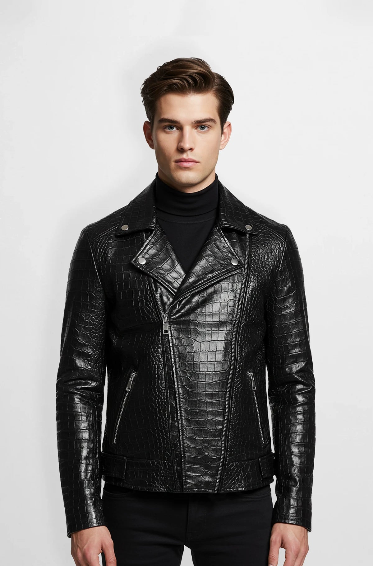 True black croc-embossed leather jacket front view