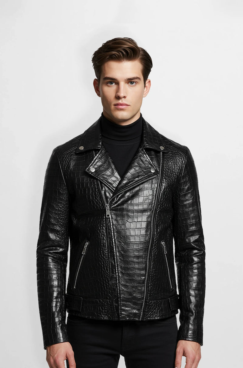 True black croc-embossed leather jacket front view