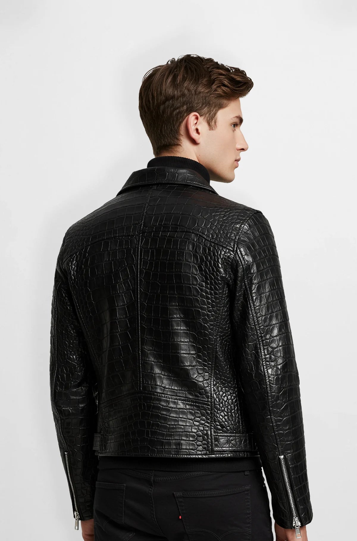 True black croc-embossed leather jacket back view