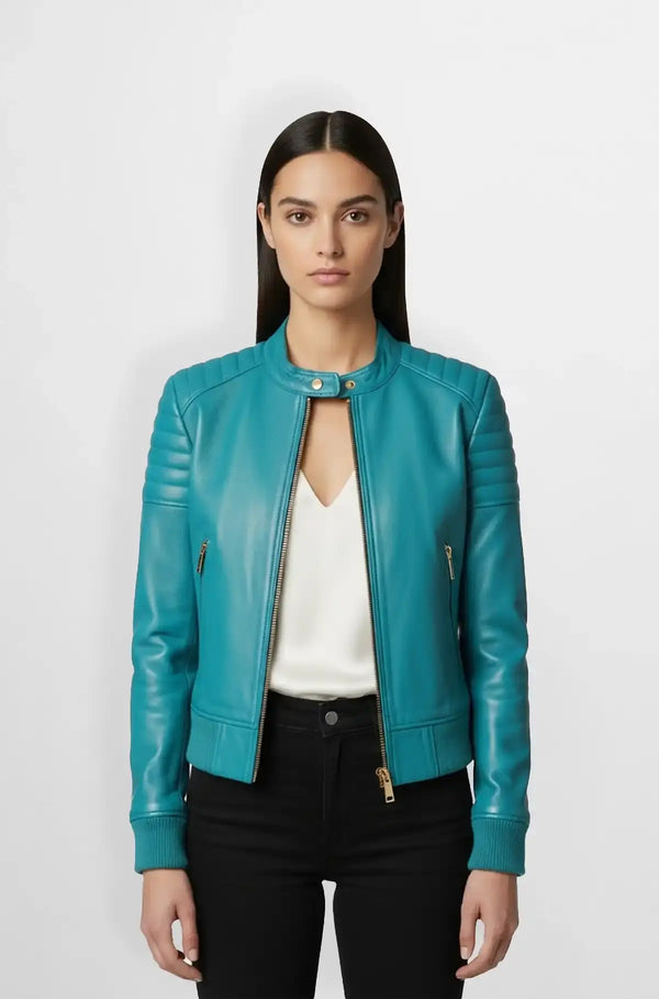 Turquoise Leather Bomber Jacket