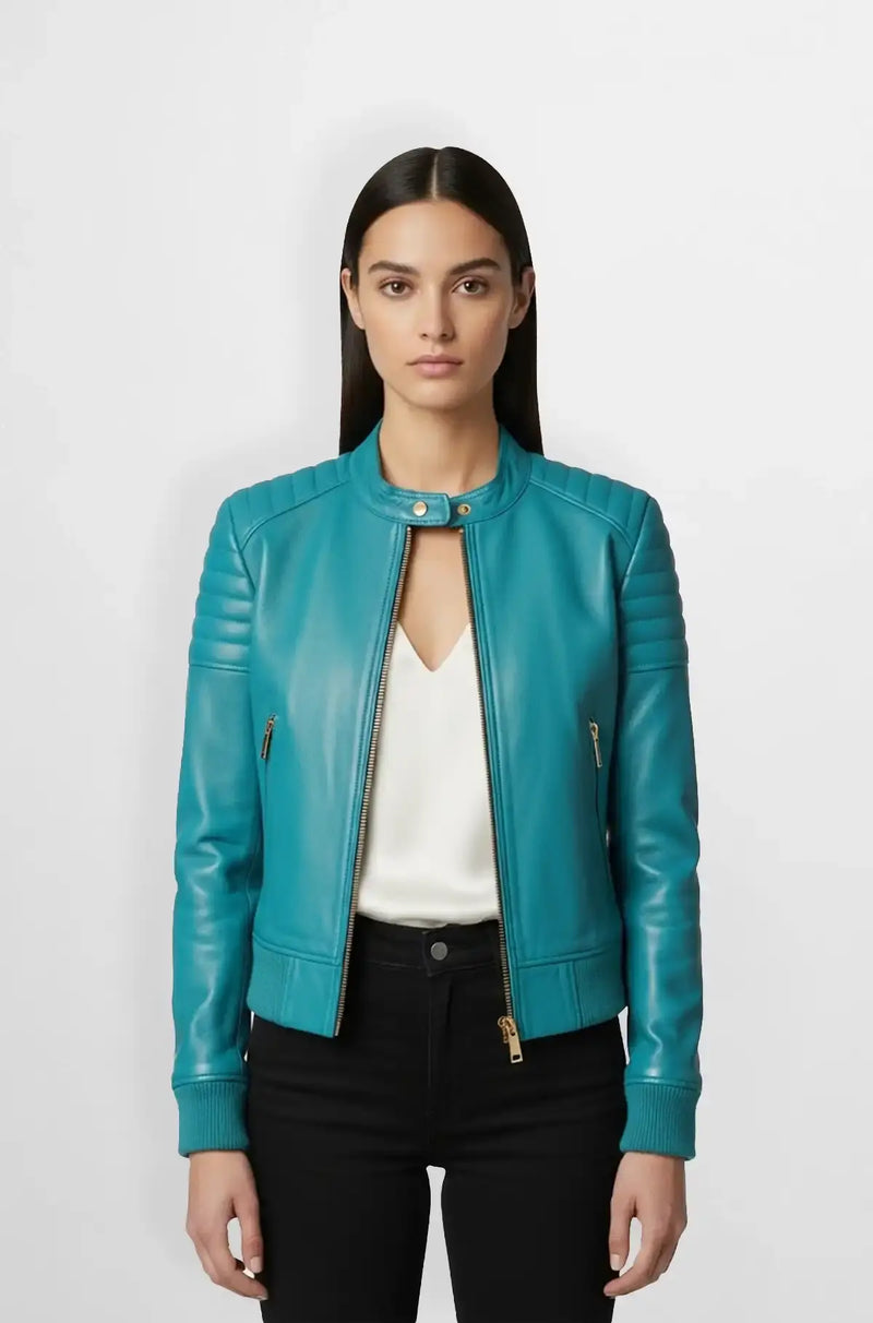 Turquoise Leather Bomber Jacket