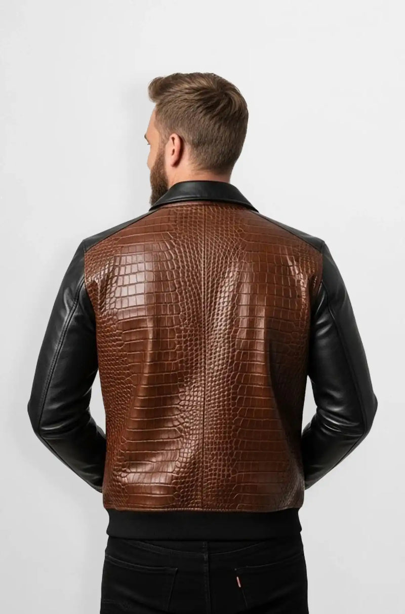 Two Tone Brown Crocodile Leather Bomber Jacket Back view