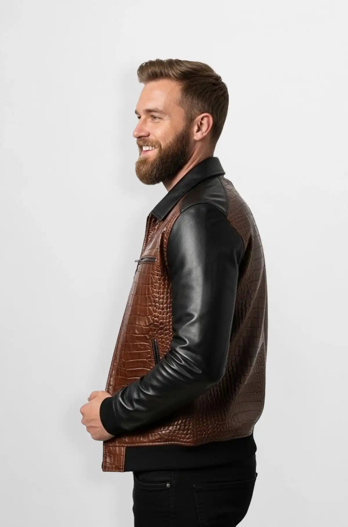 Two Tone Brown Crocodile Leather Bomber Jacket Side view