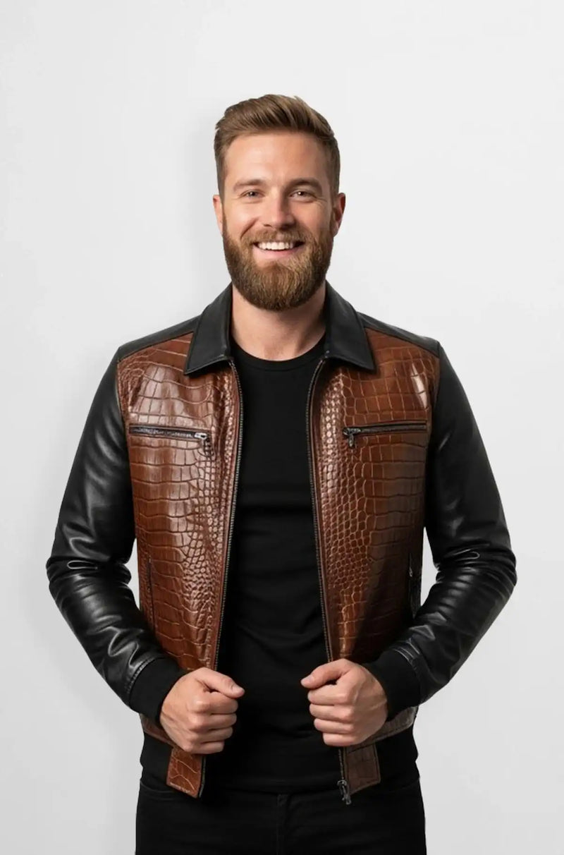 vTwo Tone Brown Crocodile Leather Bomber Jacket Front view