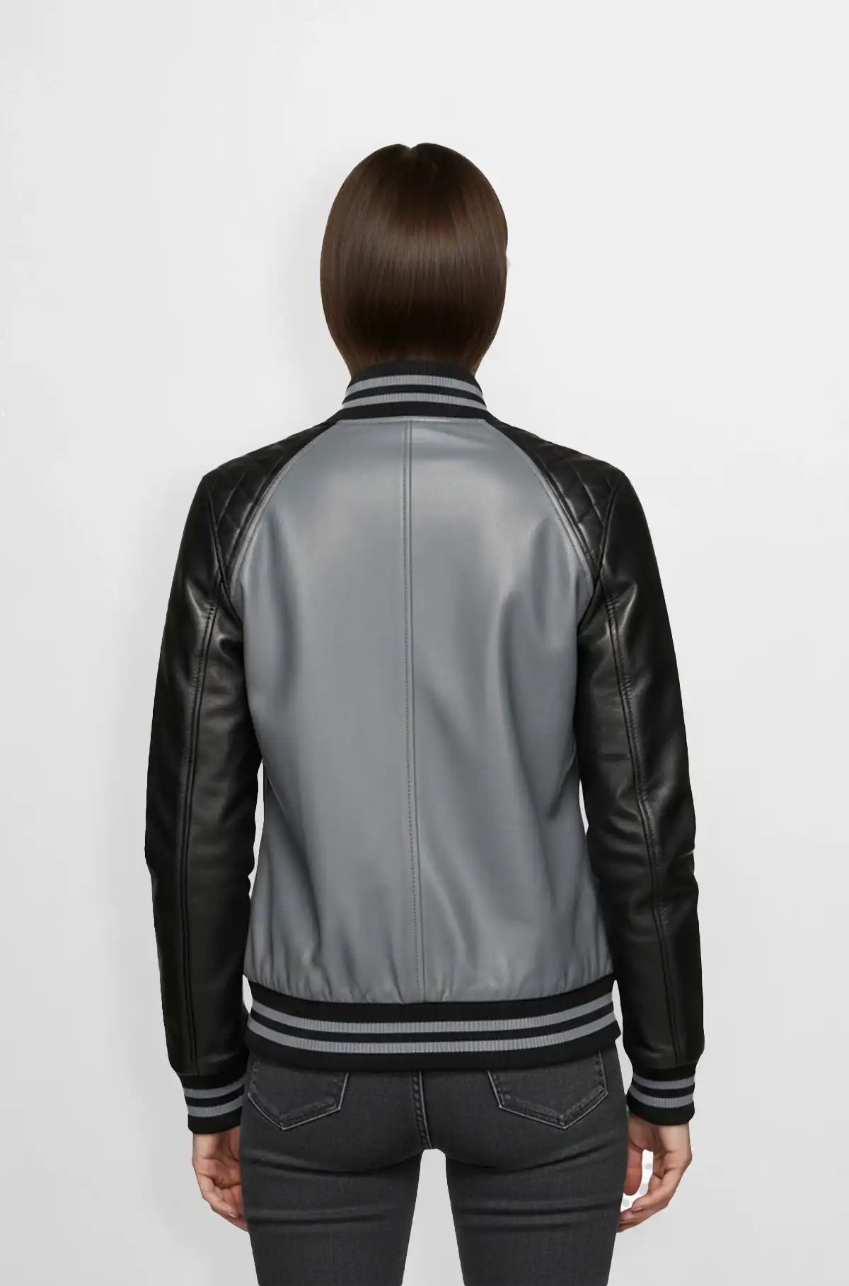 Two-Tone Grey Black Varsity Leather Jacket back view
