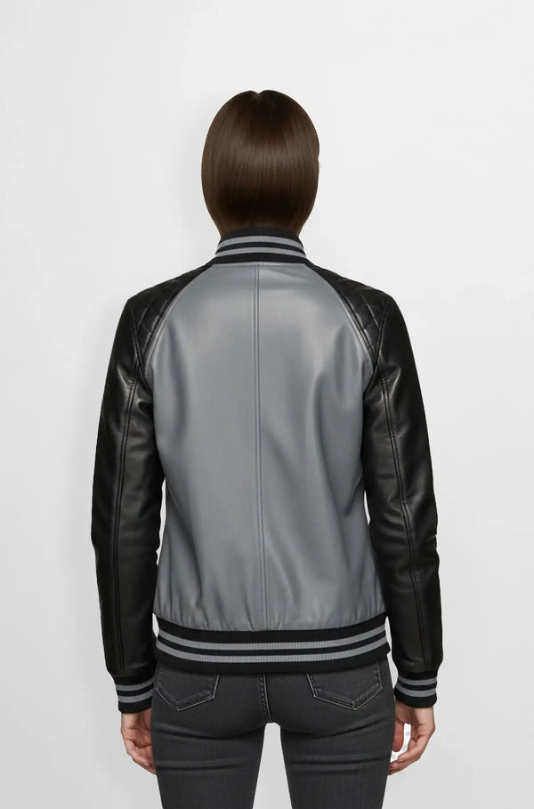 Two-Tone Grey Black Varsity Leather Jacket back view