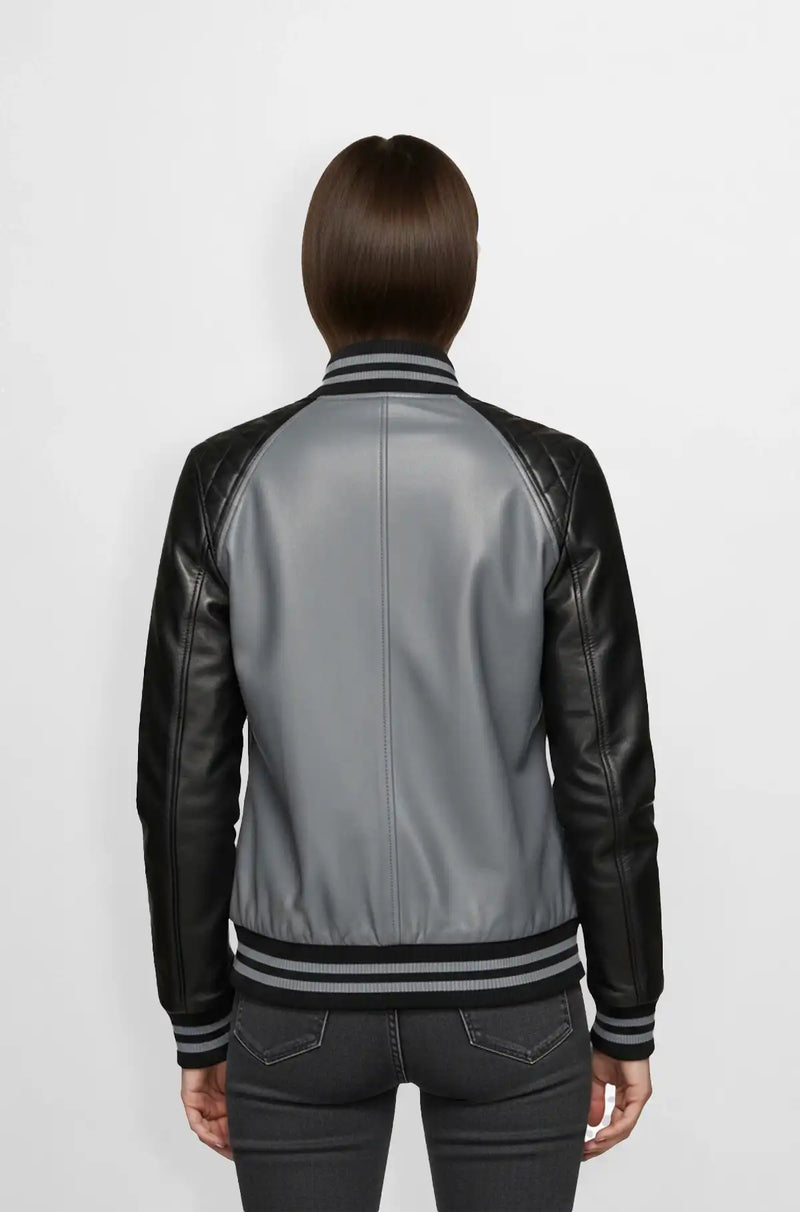 Two-Tone Grey Black Varsity Leather Jacket back view