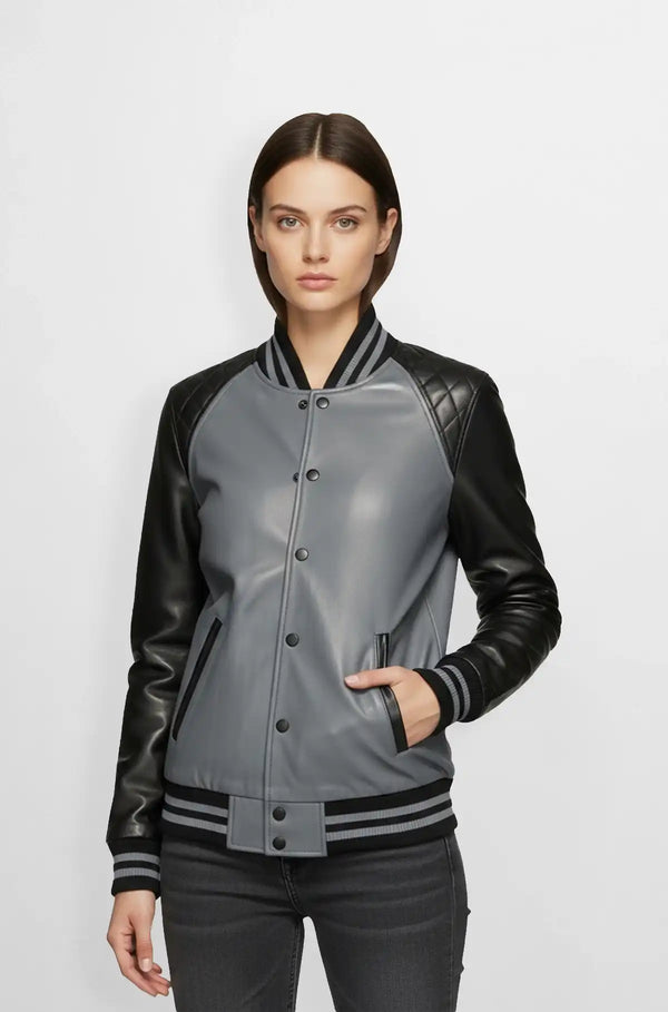Two-Tone Grey Black Varsity Leather Jacket front view