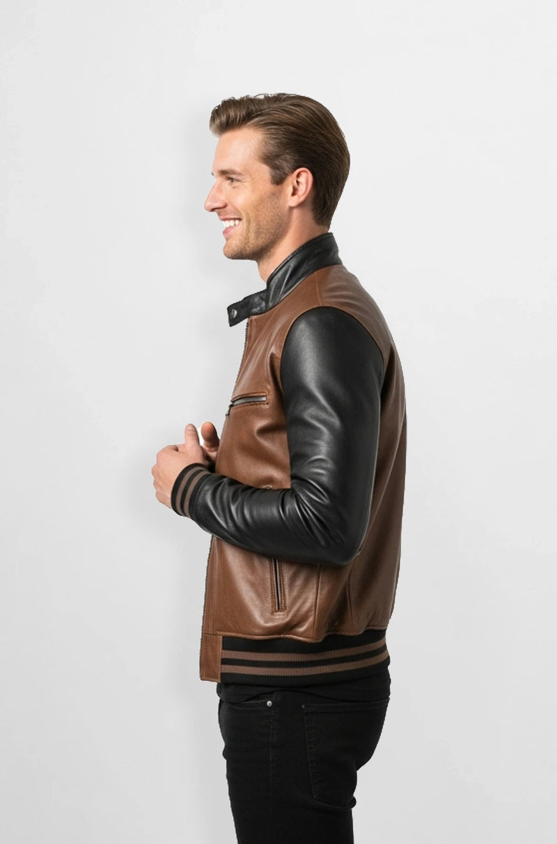 Two-Tone Varsity Leather Jacket Brown & Black