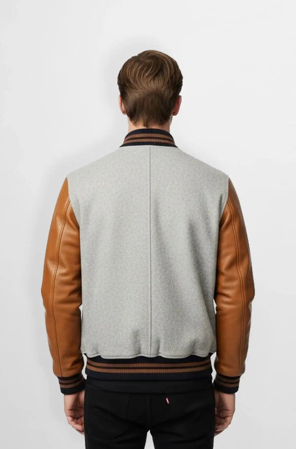 Urban Edge Camel Sleeve Mens Varsity Leather Jacket