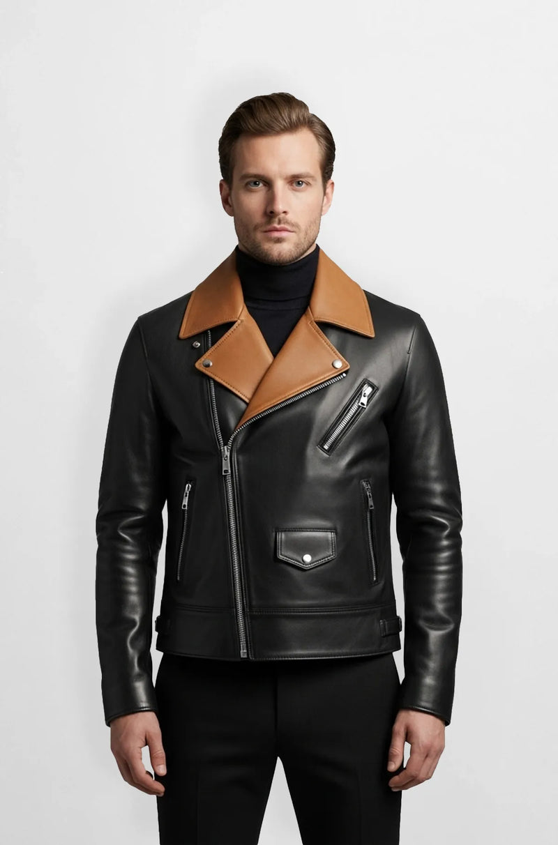 Vanguard Noir Tan Biker Jacket front view