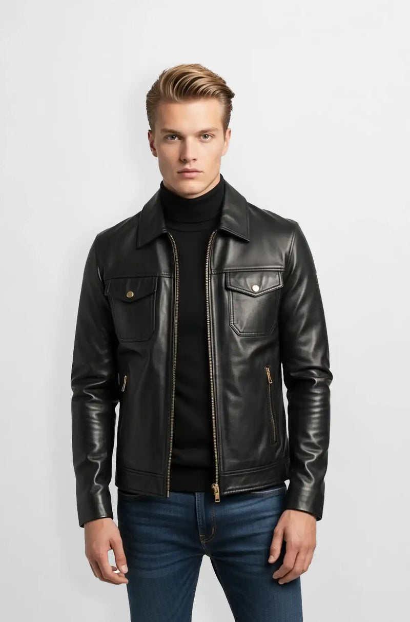 Vintage Black Leather Bomber Jacket Front view
