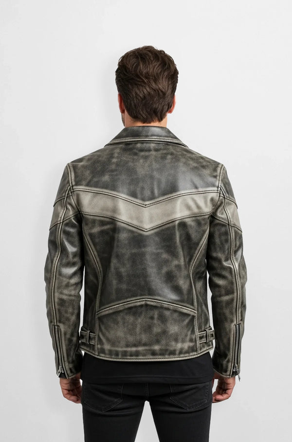 Vintage Blackish Ash Grey Leather Biker Jacket Front view