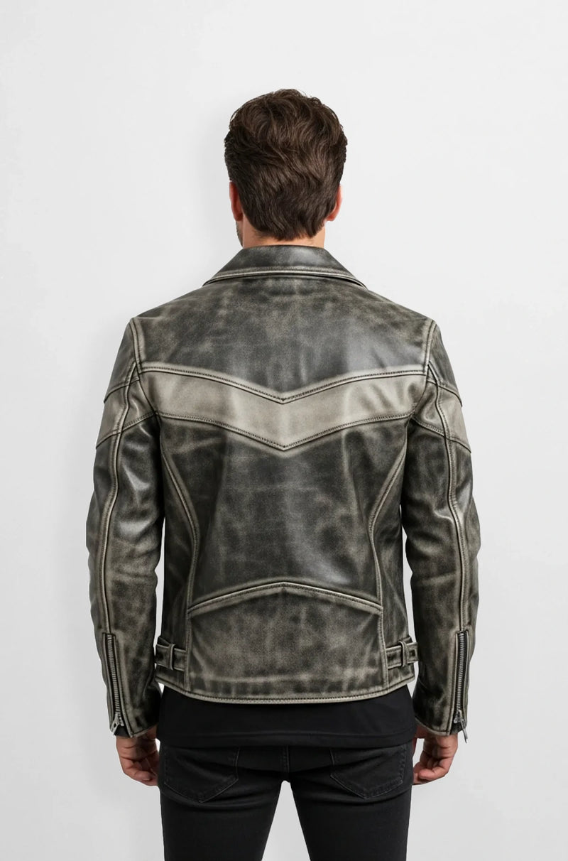 Vintage Blackish Ash Grey Leather Biker Jacket Front view