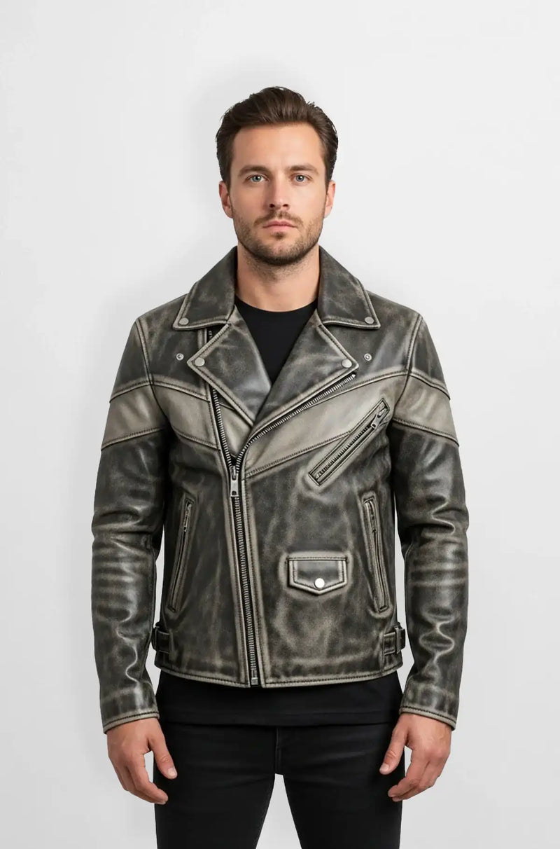 Vintage Blackish Ash Grey Leather Biker Jacket Front view