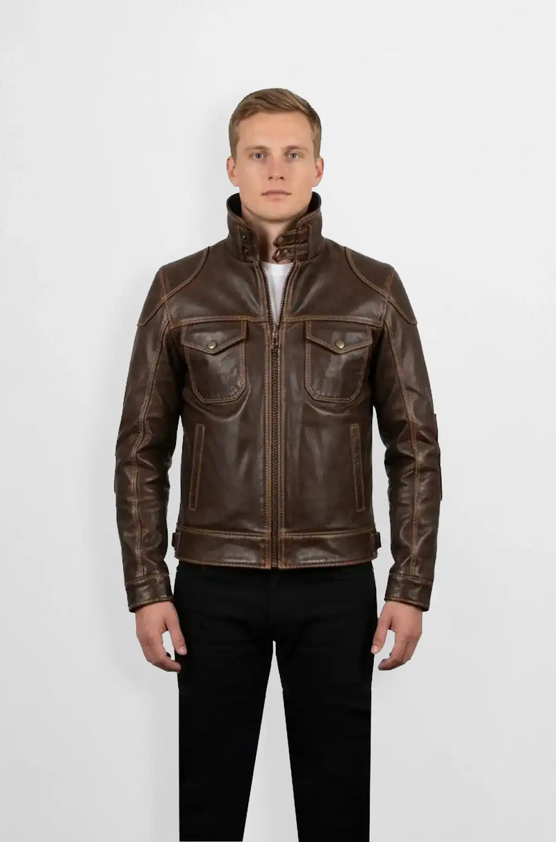 Vintage Brown Leather Biker Jacket front view