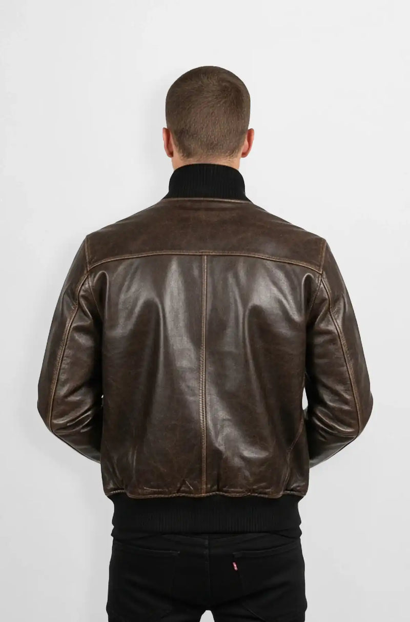 Vintage Brown Leather Bomber Jacket Back view