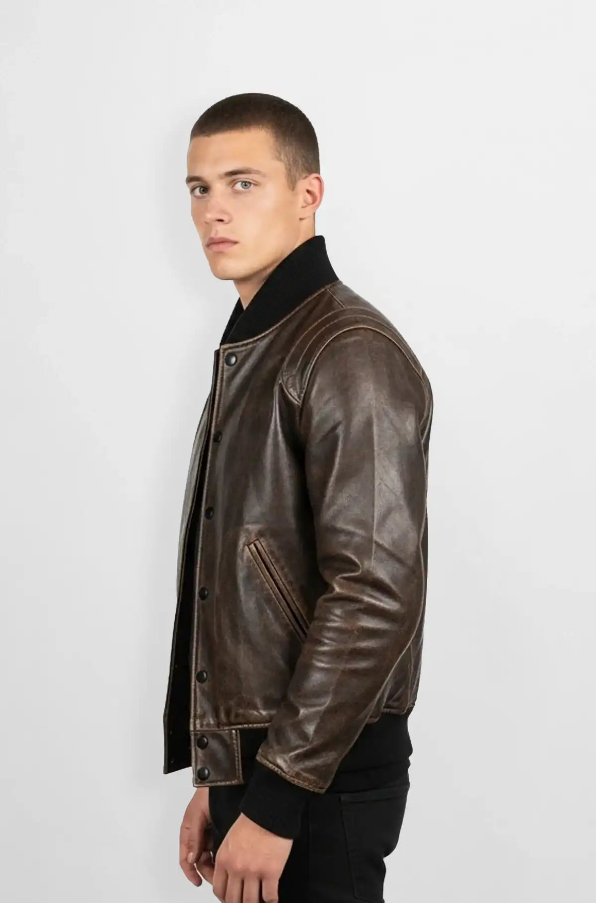 Vintage Brown Leather Bomber Jacket Side view