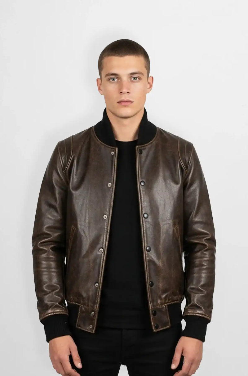 Vintage Brown Leather Bomber Jacket Front view