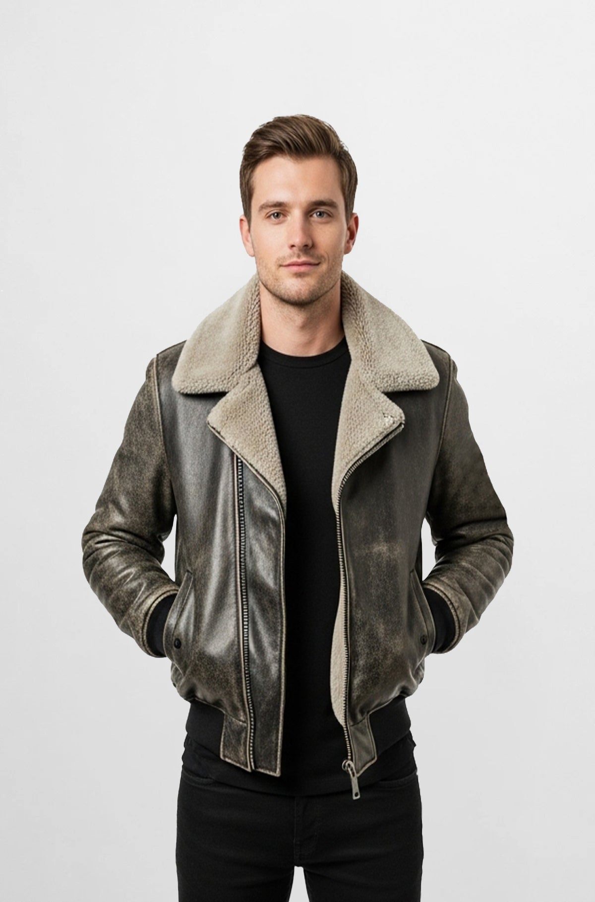 Vintage Charcoal Aviator Leather Jacket