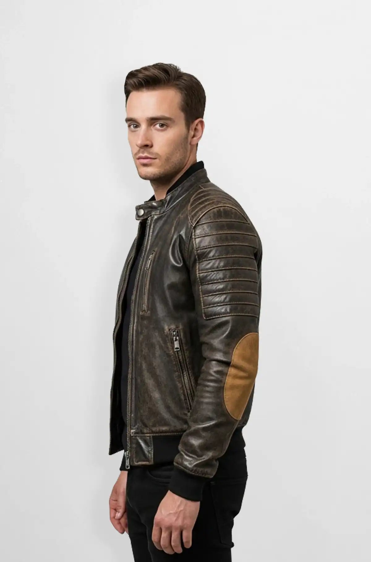 Vintage Leather Bomber Jacket with Quilted Shoulders